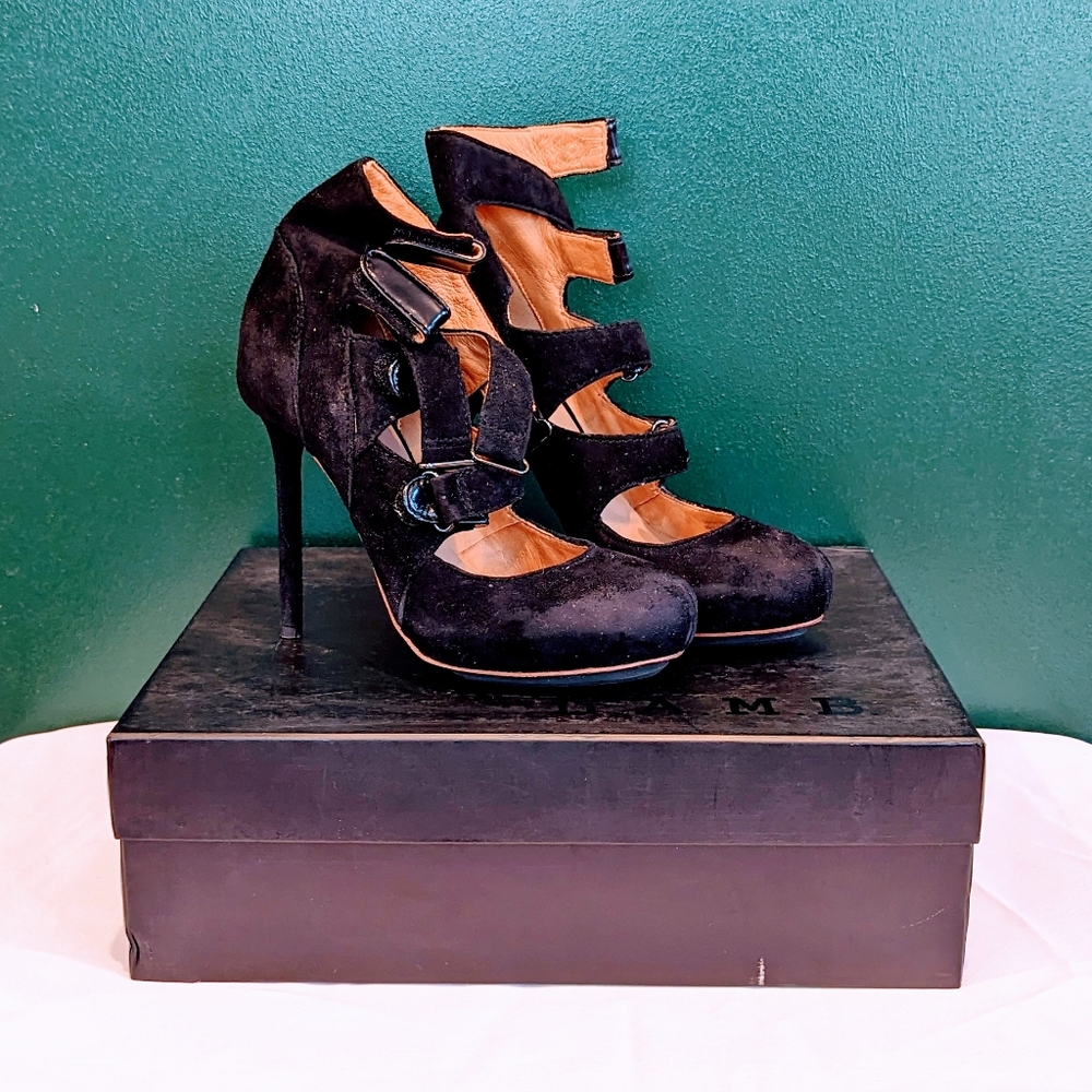 L.A.M.B Black Suede Pumps/ Booties with Velcro strap closures